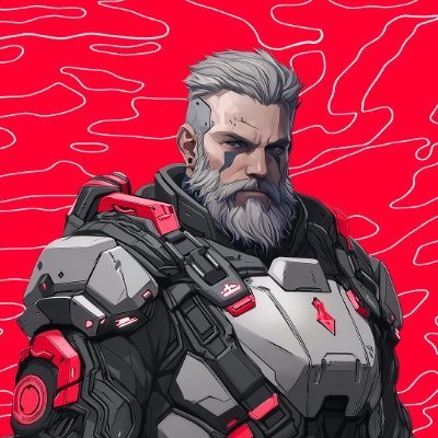 Digital illustration of a gray-haired, bearded male character in futuristic black, white, and red armor against a vibrant red background with white wavy line patterns.