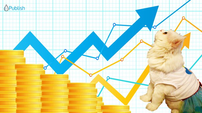 An illustration featuring a dog in a white shirt and tie looking at upward-trending blue and orange stock charts with rising arrows and stacks of gold coins, with the 'Publish' logo in the corner.