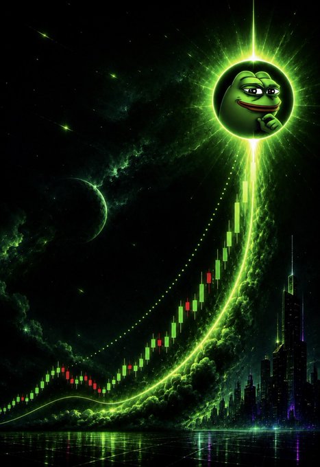 A Pepe the Frog meme is depicted as a glowing celestial body in space, with bright green light beaming down onto a rising candlestick chart, visually symbolizing the "whale buys" and 45% price surge in $PEPE mentioned in the post.