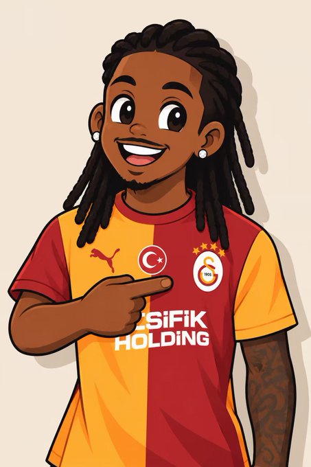 A cartoon avatar of a smiling Black man with dreadlocks wearing a red and yellow split Galatasaray jersey with "siFiK HOLDING" text and the club's 1905 crest. The image serves as a branded persona—aligning with the post's claim that the character represents a personal Web3 brand identity akin to commercial endorsement.