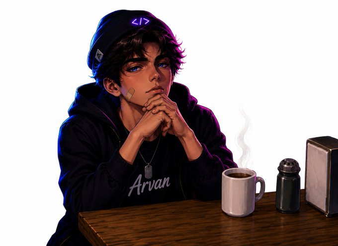 A digital illustration of a young man wearing a beanie and "Arvan" hoodie, sitting at a wooden table with a steaming mug of coffee beside a book and grinder.
