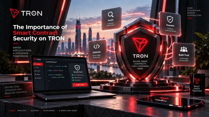 A promotional graphic for TRON titled 'The Importance of Smart Contract Security on TRON,' highlighting features like Audit, Optimize, Prevent Vulnerabilities, and Build Trust in an open Web3 ecosystem.