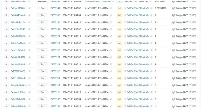 A screenshot of a blockchain explorer showing a series of recent transactions involving Wrapped BTC (WBTC) swaps, with wallet address 0x7f54f056...803a3eba executing numerous transactions on July 11, 2026, each swapping 1-2 WBTC—visually corroborating the post's claim of an ongoing exploit draining WBTC into ETH via LayerZero.