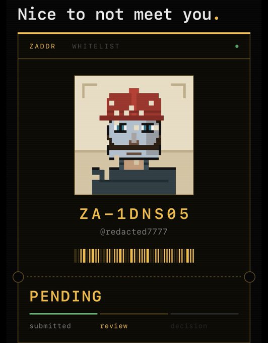 A digital ID card with the text "Nice to not meet you." at the top, showing a pixelated character wearing a red hat, identified as "ZA-1DNS05" by user "@redacted7777", with status "PENDING" at the bottom.