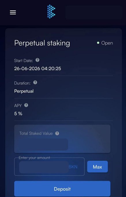 The image shows the Brickken staking interface displaying a "Perpetual staking" pool for BKN tokens with a 5% APY, set to open on 26-06-2026, where users can deposit their tokens to earn yield. This visually supports the post's call to action by showing the simple deposit interface where users can stake their migrated BKN 2.0 tokens to start earning the 5% APY.