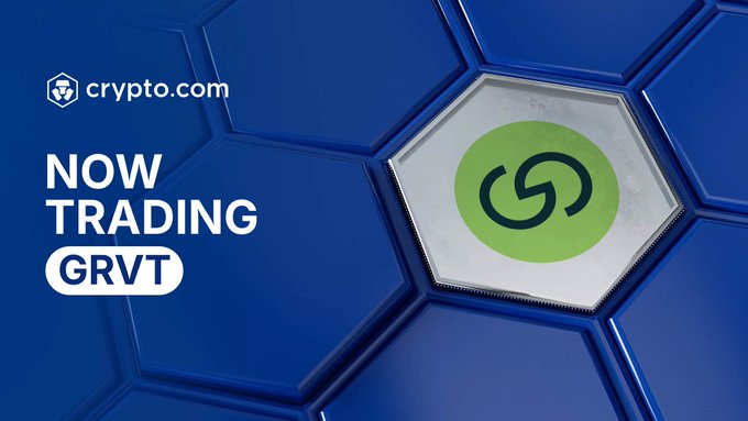 The image announces that GRVT is now trading on the Crypto.com App, featuring the Crypto.com logo and the GRVT ticker. The visual directly supports the accompanying post by showcasing the crypto asset and the trading platform.