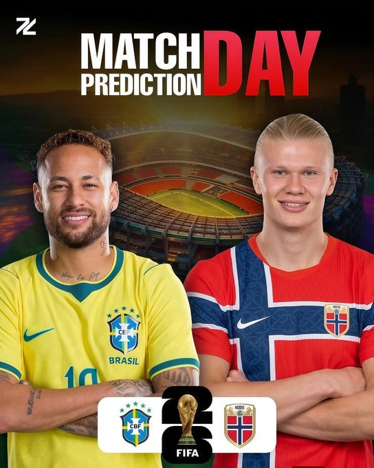 A 'MATCH DAY PREDICTION' graphic featuring soccer players Neymar in Brazil's yellow jersey and Haaland in Norway's jersey, with 'CBF' and 'NORGE' crests and a FIFA World Cup trophy.