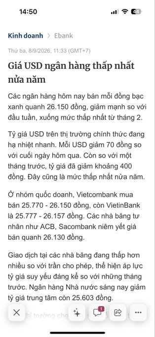 A Vietnamese news article from 'Kinh doanh > Ebank' discusses the USD exchange rate reaching its lowest level of the year at 26,150 VND.