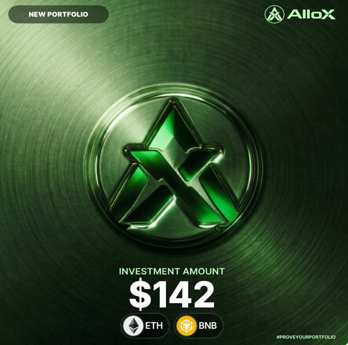 A glossy green metallic graphic branded with the "AlloX" logo showcases a "NEW PORTFOLIO" badge alongside an investment amount of $142, with options to transact in ETH and BNB cryptocurrencies, promoting the #ProveYourPortfolio campaign. The sleek, premium design reinforces the post's message of portfolio verification through the AlloX platform.