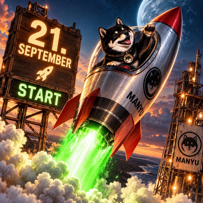 A promotional graphic features a Shiba Inu dog piloting a rocket emblazoned with 'MANYU', launching from a launchpad with a countdown display showing '21 SEPTEMBER' and a 'START' sign.