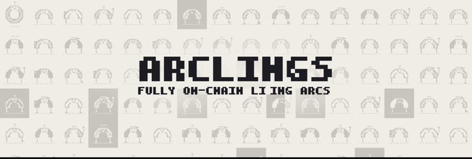 The image displays a banner for "Arclings," featuring the text "ARCLINGS - FULLY ON-CHAIN LIVING ARCS" overlaid on a repeating pixel-art pattern of arched doorways and small creatures, promoting the @ArclingsNFT whitelist raffle mentioned in the post.