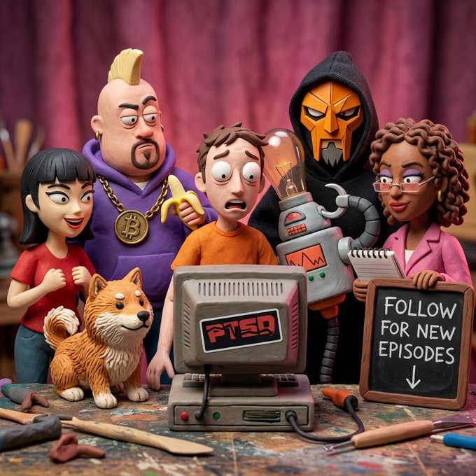 A clay-style animation thumbnail featuring various cartoon characters including a man with a Bitcoin medallion, a robot, and a masked figure, surrounding a computer displaying 'FTSD' and a chalkboard reading 'FOLLOW FOR NEW EPISODES'.