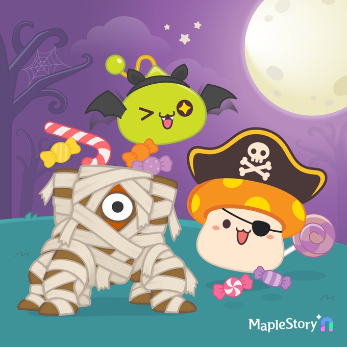 A Halloween-themed MapleStory promotional illustration featuring cute mascot characters dressed as a mummy, a pirate, and a bat in a spooky purple setting with a full moon.