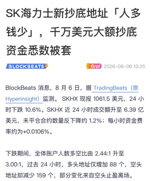 A Chinese-language BlockBeats news headline reports that SKHX's new address shows a bearish shift of over $10 million, with whales going short while retail investors pile in to "buy the dip." The accompanying post elaborates that $SKHX dropped 10.6% to around $1,061, with retail long/short ratio surging from 2.44 to 3.00, while whales accumulated over $9 million in short positions averaging $1,081—now all underwater with losses exceeding tens of thousands of dollars.