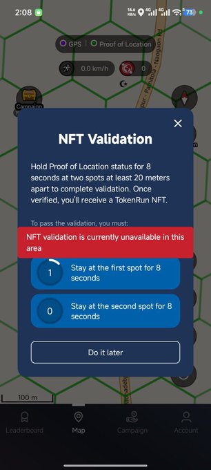 Another mobile app screenshot shows the same 'NFT Validation' screen as before, indicating the first spot has been partially validated (showing '1') while the second remains at '0', but still displaying the red 'NFT validation is currently unavailable' message.