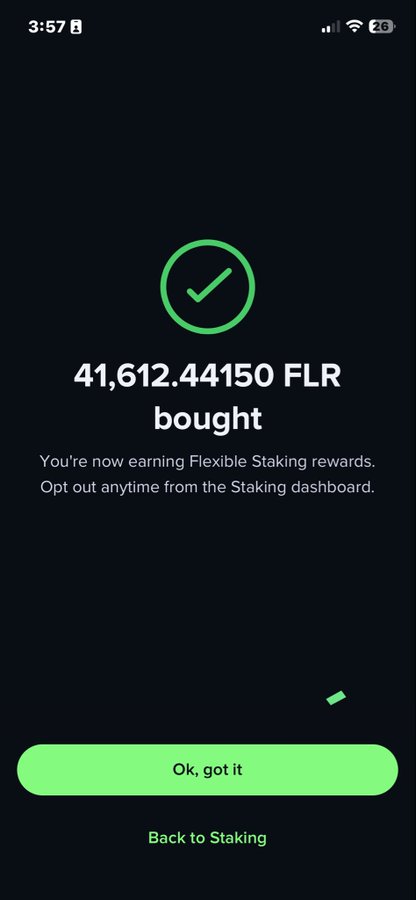 A confirmation screen shows 41,612.44150 FLR has been purchased and is now earning Flexible Staking rewards, with an "Ok, got it" button and a "Back to Staking" option. This aligns with the post's celebration of FLR accumulation, as the user has secured a substantial amount of the token to stake and earn passive rewards.