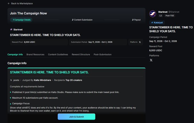 A Kaito campaign page titled 'STARKTEMBER IS HERE. TIME TO SHIELD YOUR SATS' featuring Starknet, with an 8,000 USDC reward pool, submission period Sep 11-Oct 2, 2026, and a 'Join & Submit' button.