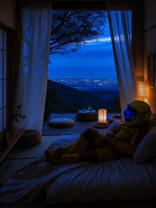 An astronaut in a yellow suit sitting on a bed in a dimly lit room, gazing out large open curtains at a twilight cityscape view from a hillside.