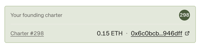 A user interface displays "Your founding charter" labeled as "Charter #298" with a price of 0.15 ETH and a wallet address starting with "0x6c0bcb...946dff," confirming the successful minting of an NFT charter from a CryptoPunks-related auction discussed in the space.