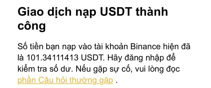 A Vietnamese text notification reading 'Giao dịch nạp USDT thành công' (USDT deposit transaction successful), showing a Binance deposit of 101.3411413 USDT.