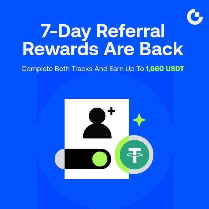 A blue promotional graphic reads “7-Day Referral Rewards Are Back” and “Complete Both Tracks And Earn Up To 1,660 USDT.” It illustrates a user-add symbol, a toggle switch, and a USDT coin, aligning with the live referral check-in challenge where inviters and friends can each earn rewards.
