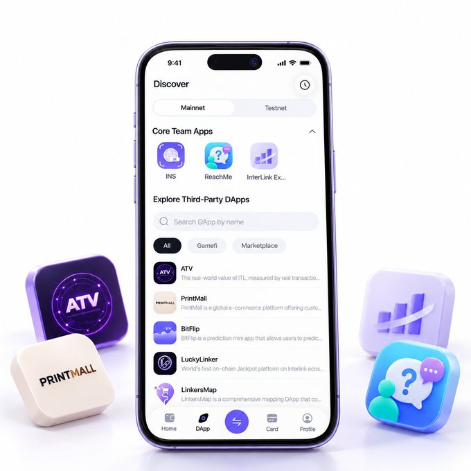 A smartphone displays a “Discover” DApp marketplace with “Mainnet” and “Testnet” tabs, core team apps such as “INS,” “ReachMe,” and “InterLink Ex...,” and third-party listings including “ATV,” “PrintMall,” “BitFlip,” “LuckyLinker,” and “LinkersMap.”