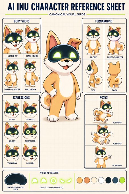 A character reference sheet titled "AI INU CHARACTER REFERENCE SHEET" displays a cute cartoon dog mascot with a black visor, featuring body shots (close-up, half-body, three-quarter, full-body), turnaround views (front, side, three-quarter, back), expressions (happy, serious, angry, surprised, thinking, bullish), poses (running, jumping, pointing), and a color palette with visor and eye glyph examples.