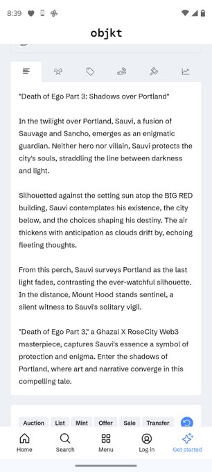 A screenshot of the objkt NFT marketplace showing a listing titled 'Death of Ego Part 3: Shadows over Portland' — a Web3 art piece described as a Ghazal X RoseCity masterpiece.