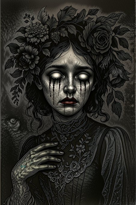 A detailed, dark illustration of a woman with glowing white eyes and black tears streaming down her face, wearing a floral crown and dark, patterned clothing, with a shadowy figure visible in the background.