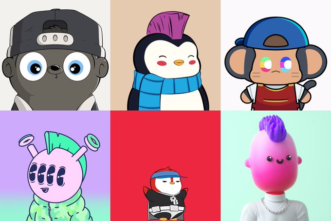 A 2x3 grid of six colorful NFT-style cartoon character avatars, including a grey animal in a backwards cap, a penguin in a blue scarf, a mouse-like character, a pink multi-eyed alien, a penguin in streetwear, and a pink figure with purple hair.