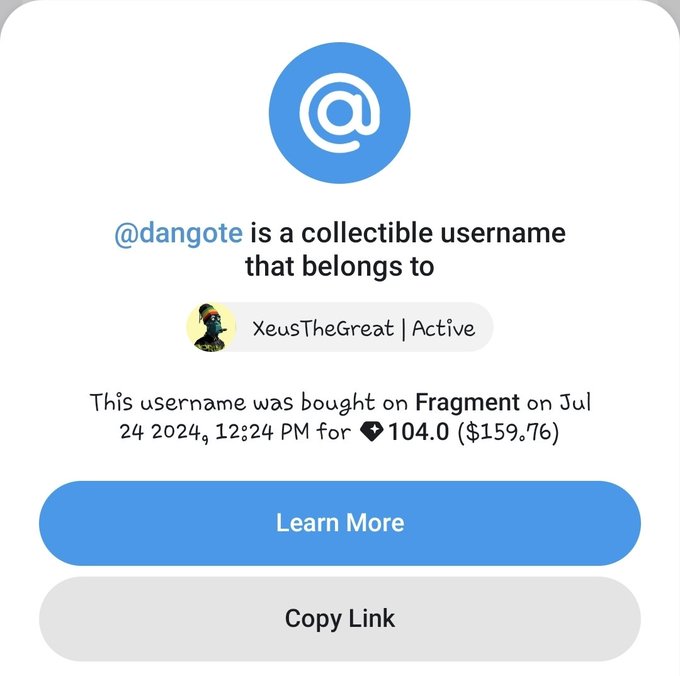A screenshot showing that the collectible username @dangote is owned by XeuzTheGreat, purchased on Fragment on Jul 24 2024 for 104 TON ($159.76).