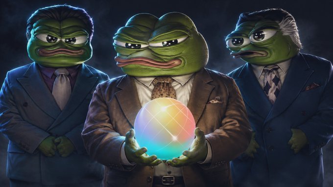 Three anthropomorphic frogs dressed in business suits stand together, with the central frog holding a glowing multicolored crystal ball.