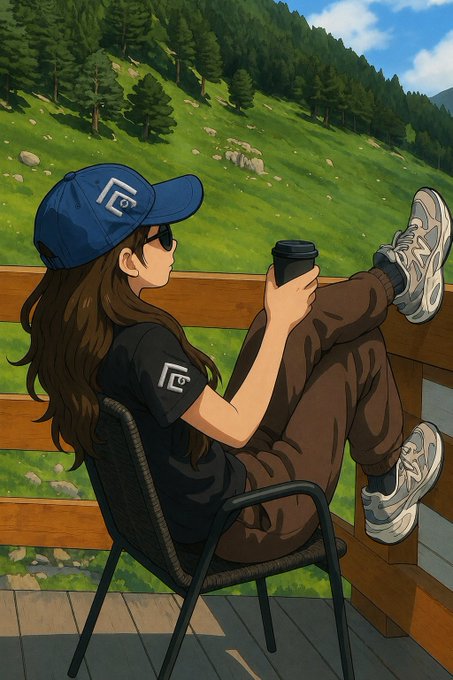 A woman in a "Fe" cap and black tee relaxes on a wooden deck chair with legs propped up against a railing, holding a coffee cup against a mountain backdrop. The image's peaceful, unhurried vibe contrasts with the post's warning about transparent DeFi trades leaking data—like token pairs, wallet balances, and timing—that lets bots front-run users, suggesting FlutonIO brings the same calm control to on-chain trading.