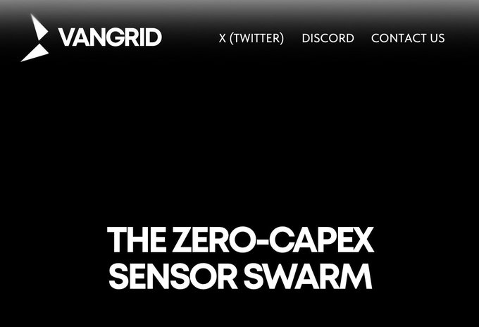 "THE ZERO-CAPEX SENSOR SWARM" — The image shows the VanGrid branding and tagline, highlighting the platform's sensor network approach that enables privacy-preserving real-world data capture without requiring capital expenditure on hardware. This aligns with the post's focus on VanGrid's capture layer solving the dual challenges of avoiding privacy issues and maintaining data provenance.