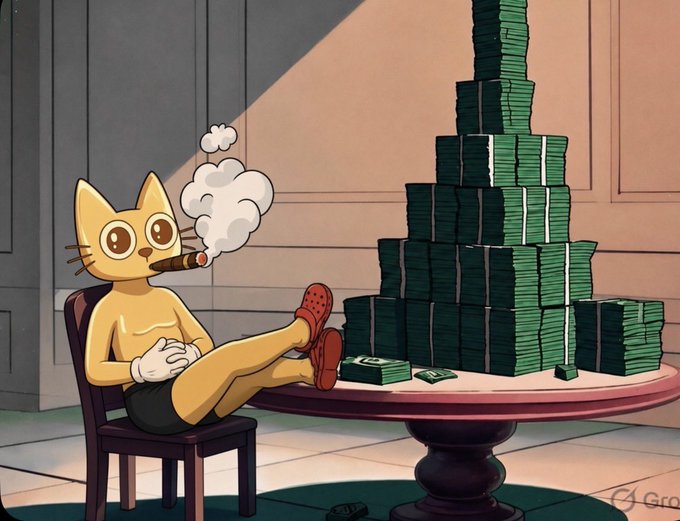 A cartoon cat character sits in a chair smoking a cigar with its feet propped up on a table, next to a large pyramid-shaped stack of money bundles.