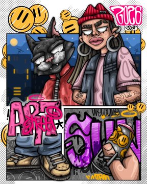 Colorful cartoon artwork featuring the text 'A$$ GHOUL' and 'GIGO MODE' with a character wearing a red beanie alongside a black cat character, set against an urban night background.