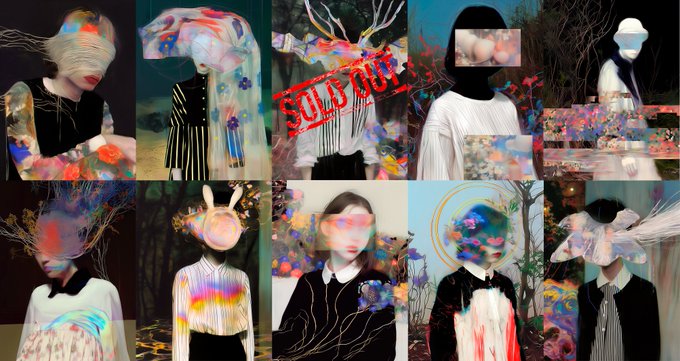 A collage of abstract, surrealist artwork featuring figures with obscured faces and colorful, textured overlays; visible text reads 'SUN DOWN' in red.