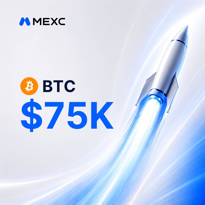 A promotional graphic for MEXC showing a Bitcoin rocket with the text 'BTC $75K' and a chrome rocket ship soaring upward.