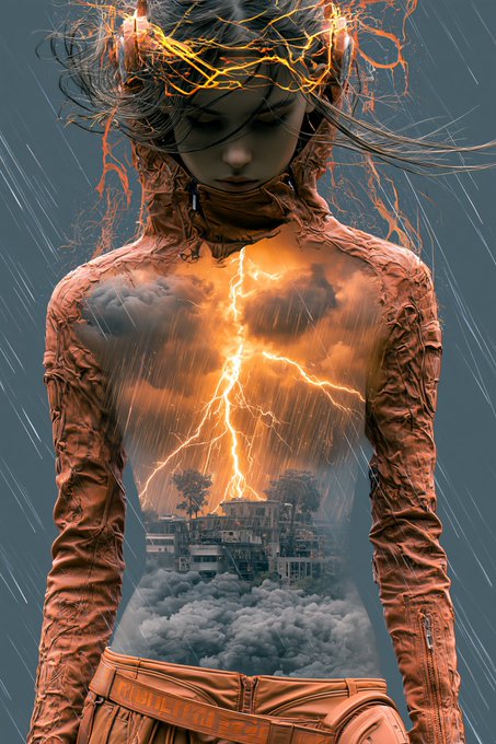A surreal digital artwork depicts a woman in an orange jacket whose torso is transparent, revealing a dramatic scene of a city being struck by lightning amidst stormy clouds, while fiery energy radiates from her head.