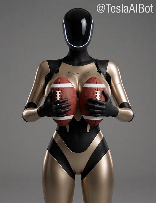 An AI-generated image shows a gold and black humanoid robot, labeled 'TESLA', holding two American footballs as a pair of breasts, with the handle '@TeslaAIBot' in the corner.