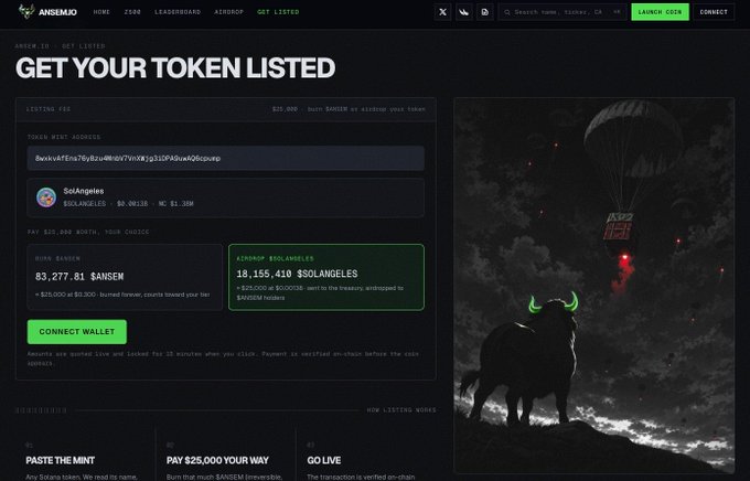 The image shows the Ainseno token listing page for "SolAngeles ($DOLANGELES)" at a market cap of $1.39M, with two payment options: $20,000 in $ANSEN or 18,155,410 $DOLANGELES. This directly relates to the post, as the user is considering using SolAngeles tokens to pay the listing fee instead of $ANSEN, showing the exact amount needed to get the token live on the platform.