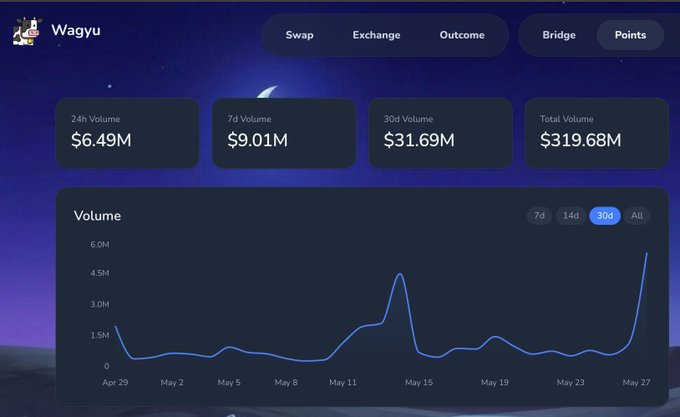 The image shows a screen displaying information about a cryptocurrency trading platform called Wagyu. It is divided into various charts that provide insights into the trading activities of the coin. The chart on the left side shows the fluctuations in trading volumes, while another one displays the changing XMR values over time. There is also a third chart indicating the daily trading volumes and points associated with different coins. Overall, this dashboard provides a comprehensive view of the cryptocurrency market and how different coins are performing at specific moments.