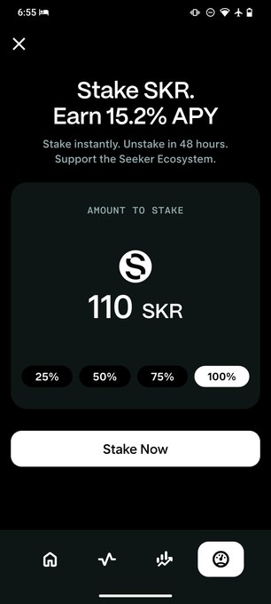 A mobile app screen showing a staking interface for 'SKR' tokens offering '15.2% APY', with '110 SKR' selected at '100%' and a 'Stake Now' button.