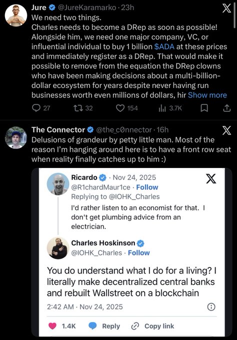 A screenshot of an X/Twitter exchange shows Jure Karamarko (@JureKaramarko) calling for ADA purchases and DRep registration to challenge Charles Hoskinson, followed by a reply mocking his "delusions of grandeur." The embedded thread features Charles Hoskinson (@IOHK_Charles) responding to Ricardo (@RTchardMaur1ce) with "I literally make decentralized central banks and rebuilt Wallstreet on a blockchain," illustrating the crypto industry's grandiose rhetoric referenced in the caption "The feed never fails."