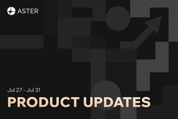 A promotional graphic with a dark background featuring the ASTER logo, the dates 'Jul 27 - Jul 31', and the text 'PRODUCT UPDATES' in gold.