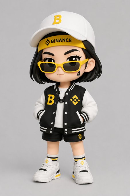 The image features a small figurine of a girl wearing sunglasses and a baseball cap with the word "Binance" written on it. She has short hair and is dressed in a black-and-white baseball jacket, white sneakers, and a matching headband. The figurine also wears a pair of yellow sunglasses. The background of the image is gray, which contrasts nicely with the girl's outfit and accessories. The post includes text that reads "My super-secret Binance blind box has arrived! This cool short-haired girl, wearing a Binance headband and yellow sunglasses, dressed in a black-and-white baseball jacket, with an exclusive 'No 4' mark on her cheek!"