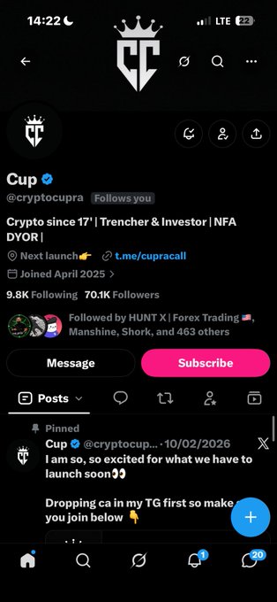 A Twitter/X profile page for 'Cup' (@cryptocupra) showing 70.1K followers, with a pinned tweet from 10/02/2026 announcing an upcoming launch.