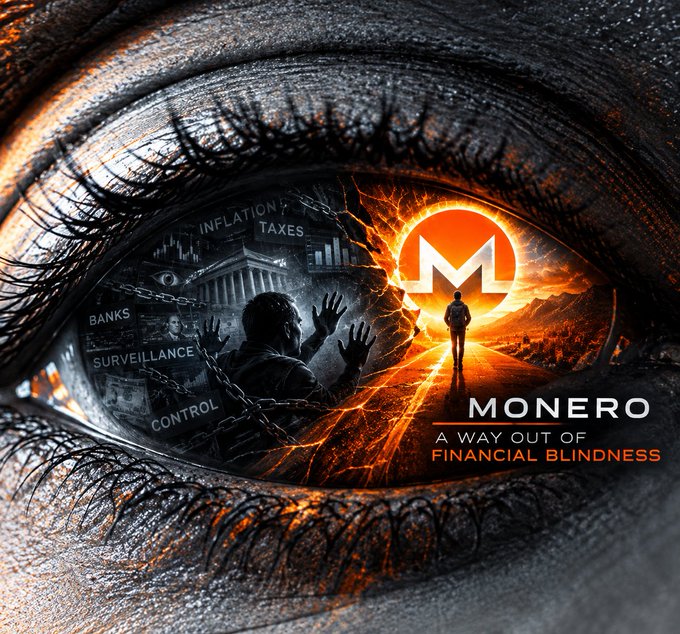 A graphic for the cryptocurrency Monero featuring the text 'MONERO: A WAY OUT OF FINANCIAL BLINDNESS' alongside imagery of a broken eye, a figure walking toward a glowing logo, and words like 'INFLATION', 'TAXES', and 'SURVEILLANCE'.