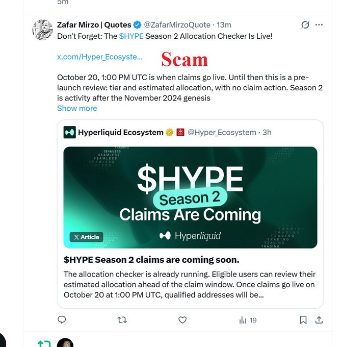 A tweet from @ZafarMirzoQuote warns of a scam related to the "$HYPE Season 2" allocation checker, quoting an official-looking post from @Hyper_Ecosystem about claims going live on October 20 at 1:00 PM UTC, with the word "Scam" prominently overlaid in red to alert the community about a fake airdrop checker designed to steal wallet credentials.