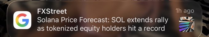 A phone notification from FXStreet reads "Solana Price Forecast: SOL extends rally as tokenized equity holders hit a record," appearing shortly after the user discussed Solana—hinting at the unsettling coincidence of seemingly targeted crypto news alerts appearing right after personal conversations.